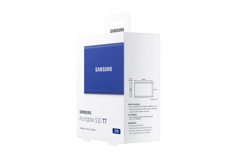 Samsung T7 | Externe SSD | 2TB | USB 3.2 Gen2 | 1.050MB/s Lezen | 1.000MB/s Schrijven | Blauw – 10