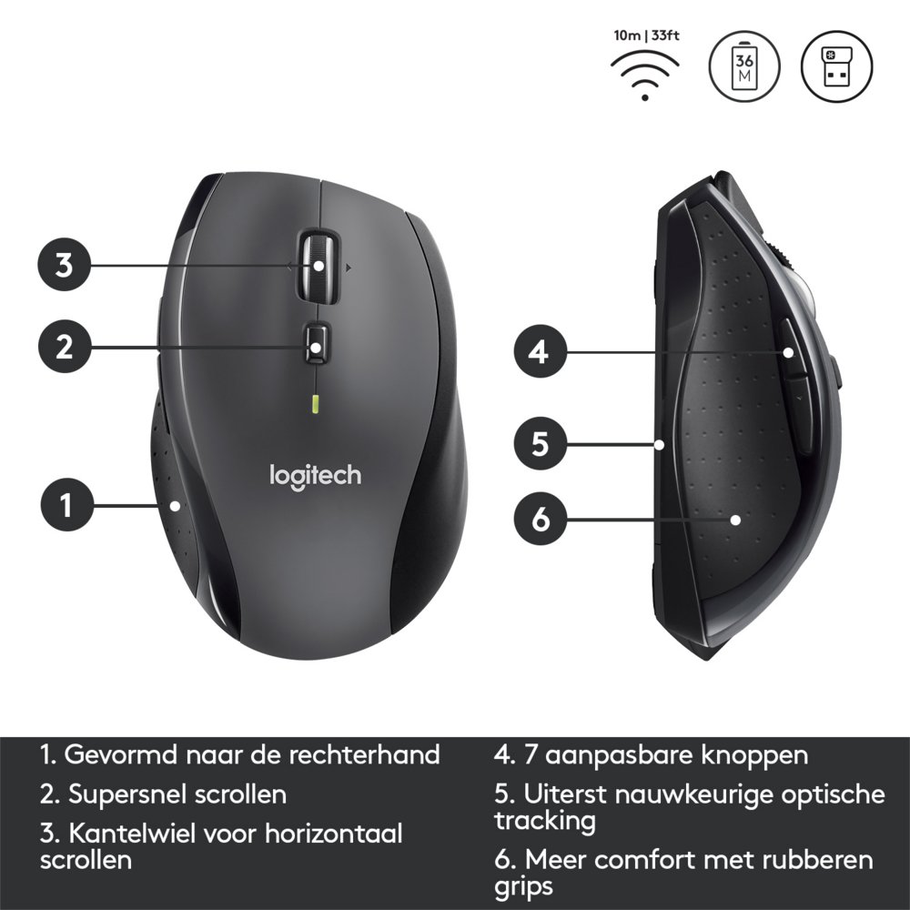 Logitech Marathon M705 | Draadloze Muis | Rechtshandig | RF | 1000 DPI | Zwart – 5